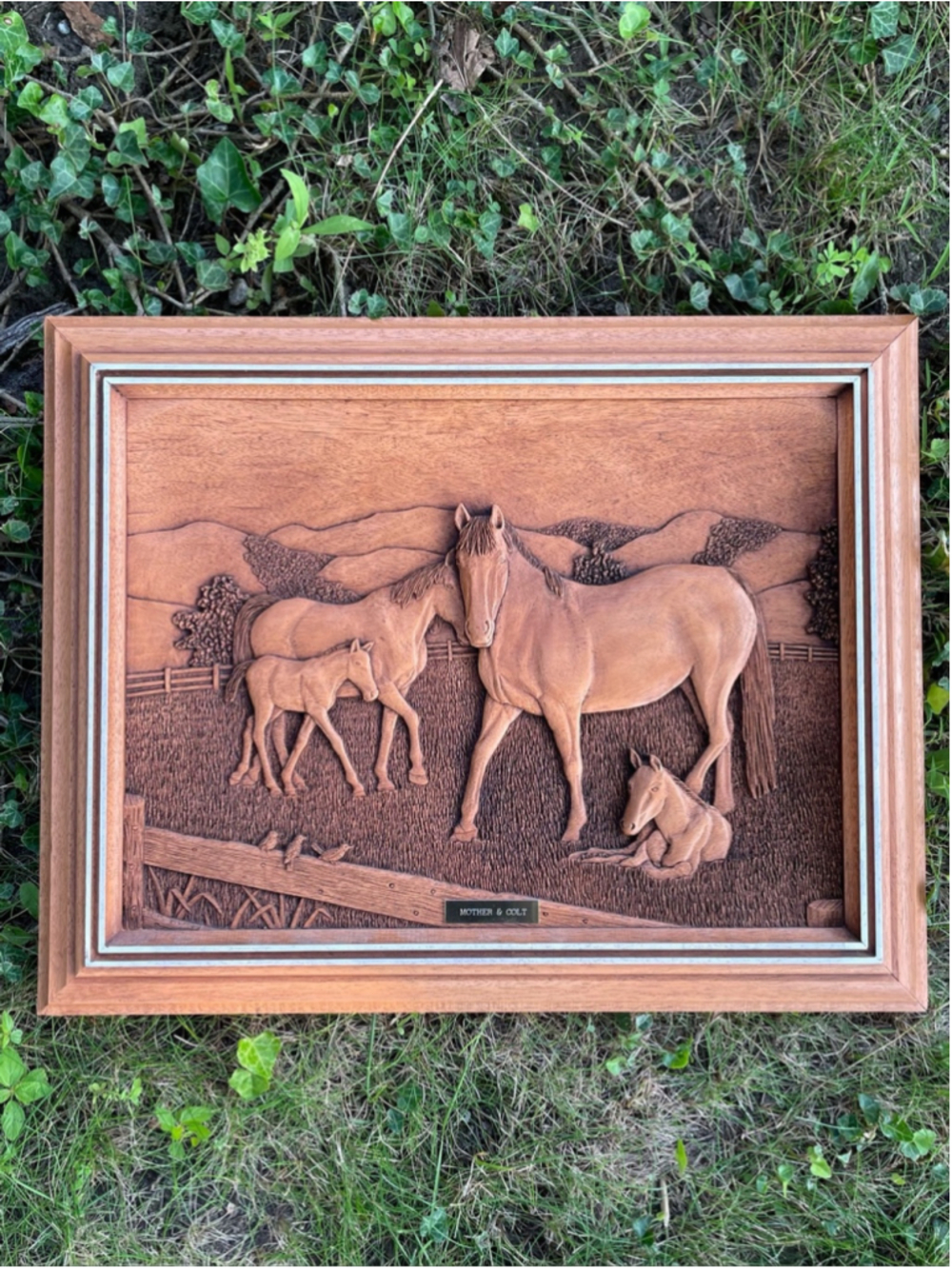 Vintage MCM Faux Wood Carved Horse Wall Sculpture Art "Mother & Colt" Kim Murray